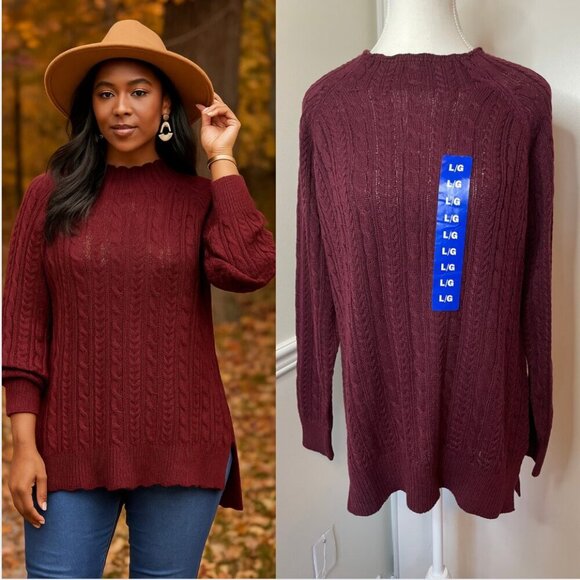 NWT bleu:gray Cable Knit Lightweight Burgundy Sweater L - Picture 1 of 10